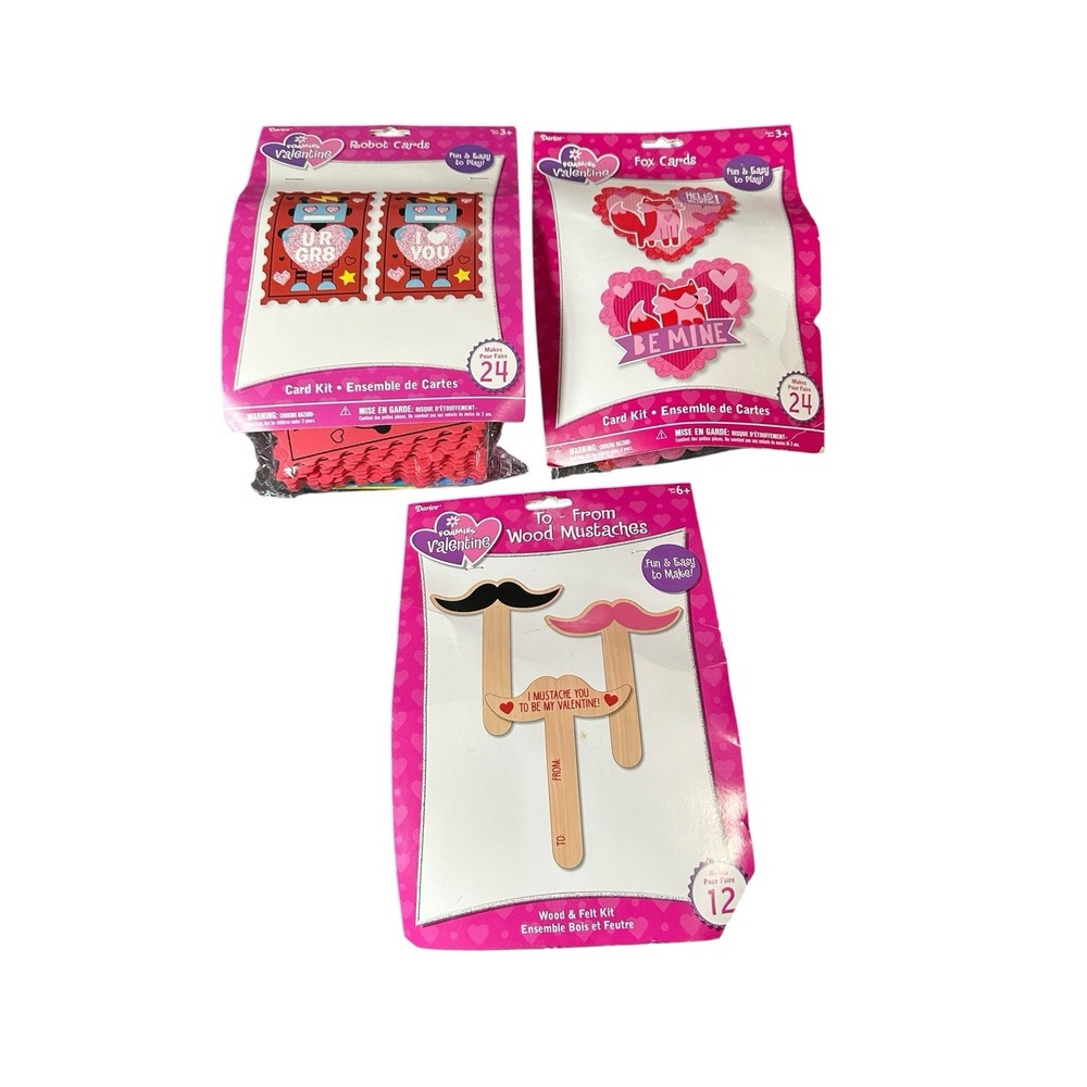 Darice Foamies Valentine Craft Kit Bundle Robot Fox Card Kits Wood Mustaches 3pk